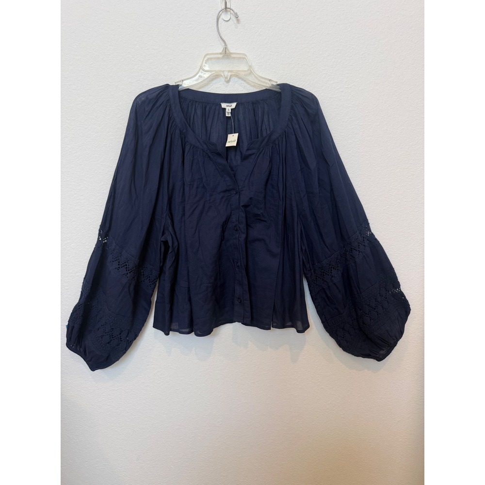 Aerie Navy Blue Cotton Crochet Balloon Sleeve Boho Blouse XL